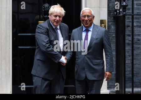 London, UK. 13th June, 2022. British Prime Minister, Boris Johnson greets Portuguese Prime Minister, Antonio Costa ahead of a bilateral meeting in Downing Street, London. The government is due to publish amendments to the Northern Ireland protocol legislation today. Credit: SOPA Images Limited/Alamy Live News Stock Photo