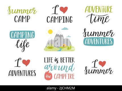 A set of handwritten phrases for summer, vacation, tourism, hiking, adventure, camping. Hand lettering and mountain landscape. Text element for cards, Stock Vector