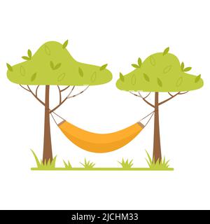 A hammock stretched between the trees. Outdoor recreation, camping. Flat vector illustration isolated on a white background. Stock Vector