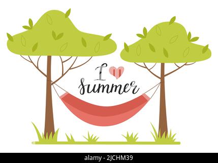 A hammock stretched between the trees. Handwritten phrase - I love summer. No people. A card with a hand lettering. Outdoor recreation, vacation, camp Stock Vector