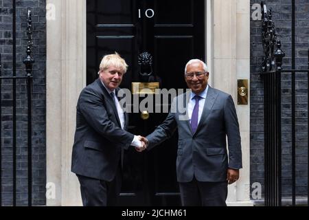 London, UK. 13th June, 2022. British Prime Minister, Boris Johnson greets Portuguese Prime Minister, Antonio Costa ahead of a bilateral meeting in Downing Street, London. The government is due to publish amendments to the Northern Ireland protocol legislation today. (Photo by Tejas Sandhu/SOPA Images/Sipa USA) Credit: Sipa USA/Alamy Live News Stock Photo