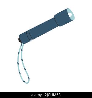 Hand-held, pocket flashlight with a drawstring. Household lighting device. Equipment for tourism, camping, travel, hiking. Flat vector illustration is Stock Vector