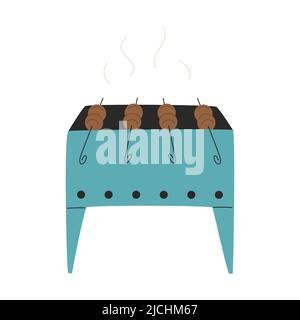 Barbecue with kebabs on skewers. Grilled meat on coals. Food cooked at a picnic, camping, hiking, traveling. A dish of Caucasian cuisine. Flat vector Stock Vector