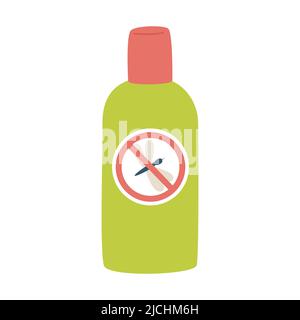 Mosquito repellent. Pocket spray with a mosquito blocked by a forbidding sign. Insecticide for camping, hiking, traveling. Flat vector illustration is Stock Vector