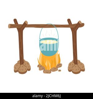 A pot of boiling soup on a burning wood fire. A fire pit with stones. Cooking in the wild, camping, hiking, traveling. Flat vector illustration isolat Stock Vector