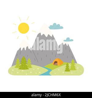 Mountains, river, fir trees and a tent on the horizon. Simple summer landscape. Outdoor recreation, hiking, camping, tourism. Flat cartoon vector illu Stock Vector