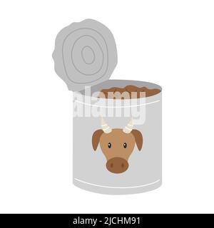 An open tin can with beef stew. Food, dry rations for field conditions, camping, hiking, traveling. Flat vector illustration isolated on a white backg Stock Vector