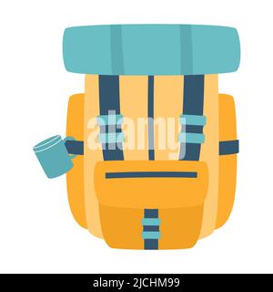 Tourist backpack with a mug and a tourist mat. Equipment for fishing, tourism, travel, camping, hiking. Flat vector illustration isolated on a white b Stock Vector