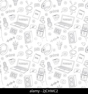 Seamless pattern with doodle elements symbolizing podcast, radio, online show. Outline hand drawn microphones, headphones, speakers, laptop. Black and Stock Vector