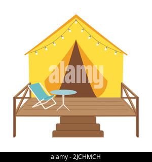 Glamping Tent with garland, table and chair on the terrace. Glamorous camping in nature. For cards, web. Symbol of camping, outdoor recreation, touris Stock Vector