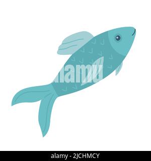 Simple abstract blue fish. Aquatic animal. Flat cartoon vector illustration isolated on white background. Stock Vector