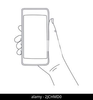 The hand holds the phone. Blank screen with empty space. Outline doodle. Black and white vector illustration isolated on white background Stock Vector