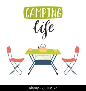 Camping folding table and chairs and handwritten words - Camping life.Tourist furniture for picnics, outdoor recreation, rest in nature. Flat cartoon Stock Vector