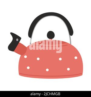 Red polka dot teapot with lid and whistle. Kitchen equipment, utensils for camping, picnic, cooking on gas or fire. Flat vector illustration isolated Stock Vector