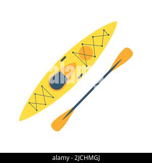 A plastic kayak with a paddle. Rowing boat for fishing, tourism, travel, active water sports. Top view. Flat vector illustration isolated on a white b Stock Vector