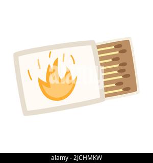 A matchbox with matches. Camping igniter. A fire starter. Equipment for tourism, travel, picnic, hiking, sports. Flat vector illustration isolated on Stock Vector