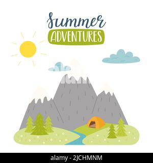 Mountains, river, fir trees and tent on the horizon and handwritten words -Summer advrntures. Summer landscape. Outdoor recreation, hiking, camping, t Stock Vector