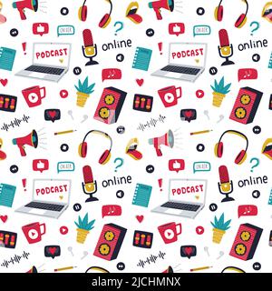 Seamless pattern with colored doodle elements for online show,podcast, radio. Hand drawn laptop, headphones, loudspeaker, female mouth, potted plant, Stock Vector