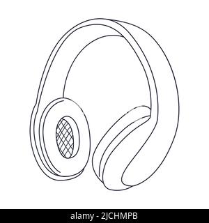 Outline professional studio over-ear headphones with large ear pads. Equipment for podcasting, online learning, listening to music. Simple black white Stock Vector