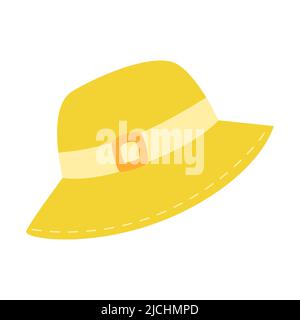 Yellow panama. Summer sun hat. Headdress. Personal accessory for hiking, tourism, travel, vacation. Flat vector illustration isolated on a white backg Stock Vector