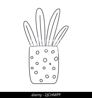 A simple house plant in a pot. Outline doodle. Black and white vector illustration isolated on white background Stock Vector