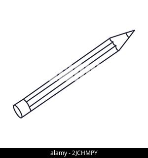 A simple wooden pencil with an eraser. Stationary, office supply. Outline doodle. Black and white vector illustration isolated on white background Stock Vector
