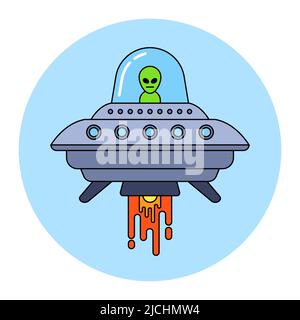 an alien flies on a flying saucer in the night. flat vector illustration. Stock Vector