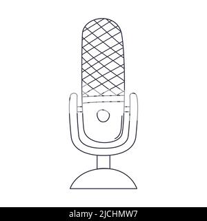 Outline wireless professional studio microphone on stand. Musical audio equipment for podcasting, singing. Linear doodle black and white vector illust Stock Vector