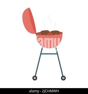 Barbecue, grill with roasting meat, steak. Barbecue equipment for a party, picnic, backyard. Cooking on coals. Flat vector illustration isolated on a Stock Vector