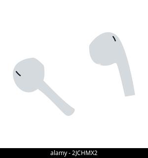 Wireless Earbud, In-Ear Headphones. Flat doodle. Wireless earphones. Personal audio equipment for podcasting, listening to music. Simple flat vector i Stock Vector