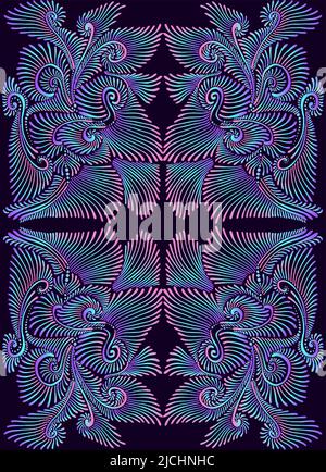 Eleagant vintage psychedelic trippy colorful mandala pattern. Gradient neon outline violet, pink, blue colors, isoladen on black background. Stock Vector