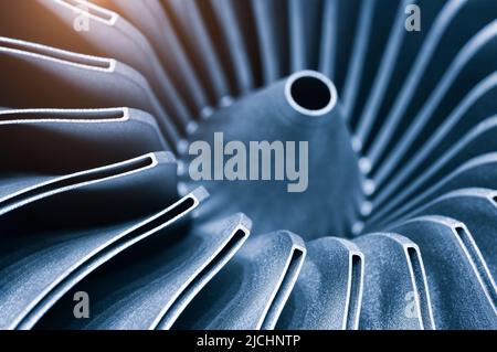 Steel blades of turbine propeller 3D printing. Close-up view. In B/W. Selected focus on foreground Stock Photo
