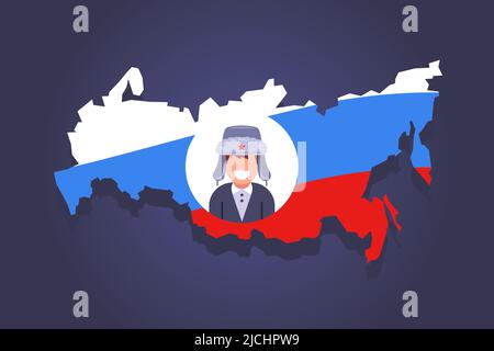 map of russia with an icon of a typical person from this country. cap with earflaps on the head. flat vector illustration. Stock Vector