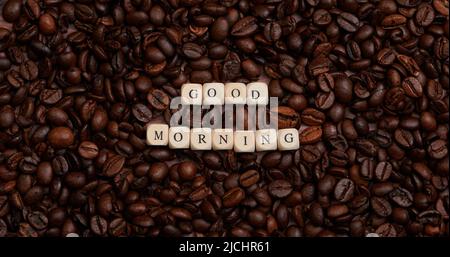 text Good Morning in the middle of a lot coffee beans Stock Photo