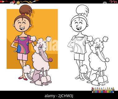 Cartoon illustration of funny girl with her poodle dog coloring page Stock Vector