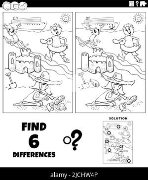 Puzzle with cartoon children on the beach, where you need to find ...