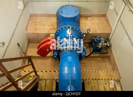 modern river hydroelectric turbine engine room. small rivers of Latvia. Stock Photo