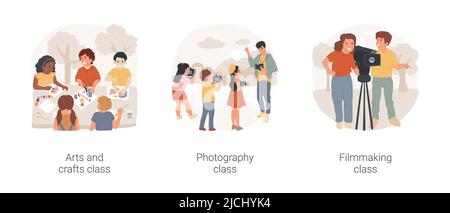 After school creativity development isolated cartoon vector illustration set. Arts and crafts class, photography and filmmaking PA day camp for children, education center activity vector cartoon. Stock Vector