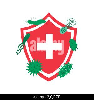 Immune system concept with medical shield. Bacterial and virus defense. Stock Vector