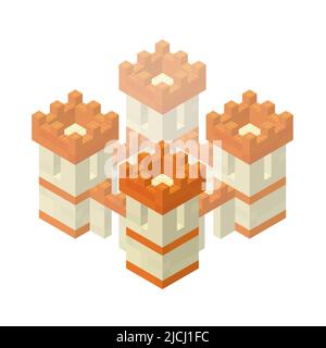 Medieval castle built from blocks in isometric style for print and games.Vector illustration. Stock Vector