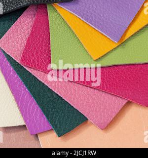 Various samples of genuine leather samples of different colors for choice. Manufacturing concept Stock Photo