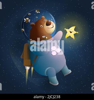 Bear Cosmonaut in Space with Star Friend Funny Teddy Stock Vector