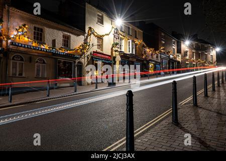 Ironbridge at night with Christmas lights. Wharfage, Ironbridge, Telford, Shropshire, England Stock Photo