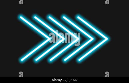 Neon forward arrow isolated on dark background. Lightning direction sign on motel, cinema, casino, night club, bar banner. Vector realistic illustration. Stock Vector