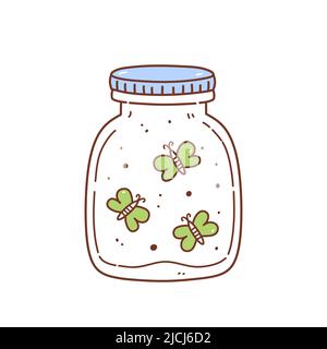 Cute glass glass jar with butterflies isolated on white background. Vector hand-drawn illustration in doodle style. Perfect for cards, decorations Stock Vector