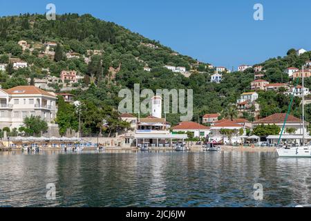 Ithaca Island, Greece-05.25.2022. A general view of the seafront of Kioni with its apartments restaurants and shops to cater for holiday makers. Stock Photo