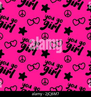 Bright pink and black pattern You Go Girl. Cute y2k style texture for women empowerment concept. Seamless background Stock Vector