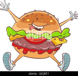 Joyful cheerful burger, fast food character. street restaurant Stock Vector