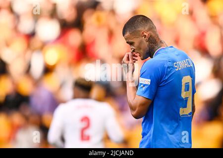 Foto LaPresse - Fabio Ferrari11 Giugno 2022 Wolverhampton, Regno Unito Sport Calcio Inghilterra vs Italia - Uefa Nations League - Gruppo C Giornata 3/6 - Stadio Molineux. Nella foto:Gianluca Scamacca (Italy)   Photo LaPresse - Fabio Ferrari June, 11 2022 Wolverhampton, United Kingdom sport soccer England vs Italy - Uefa Nations League - Group C  3/6 - Molineux Stadium. In the pic:Gianluca Scamacca (Italy) Stock Photo