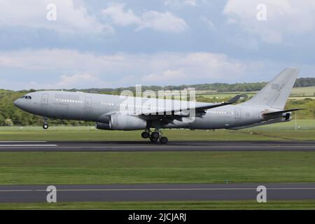 1301, an Airbus A330 MRTT (multirole tanker transport) operated by the United Arab Emirates Air Force, arriving at Prestwick International Airport in Ayrshire, Scotland. With the exception of the serial number, the aircraft had been scrubbed of all military titles and insignia. Stock Photo